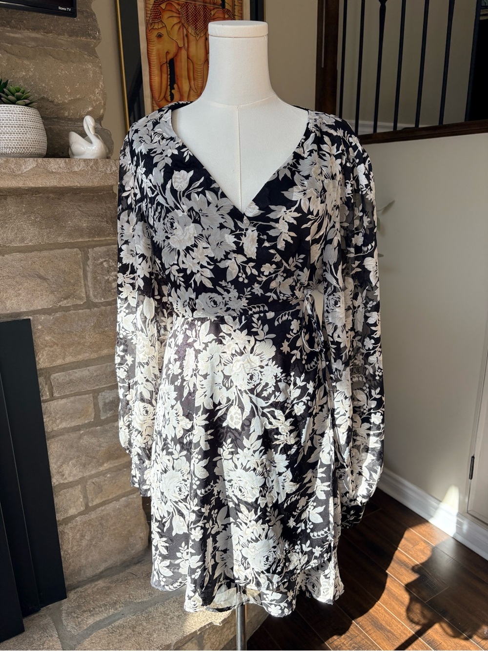 Lulus Black & White Floral Wrap Style Mini Dress XL